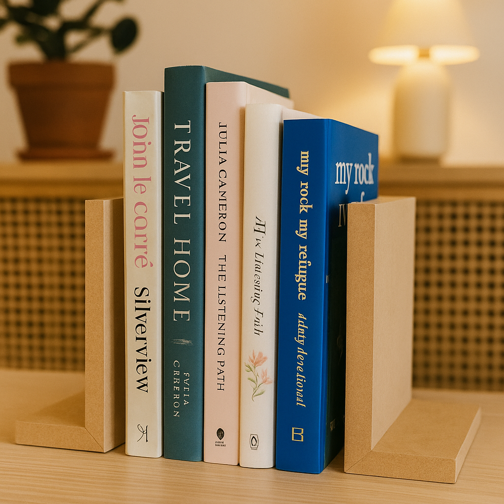 Plain MDF bookends with multiple books – Set of MDF bookends neatly supporting several colorful books.
