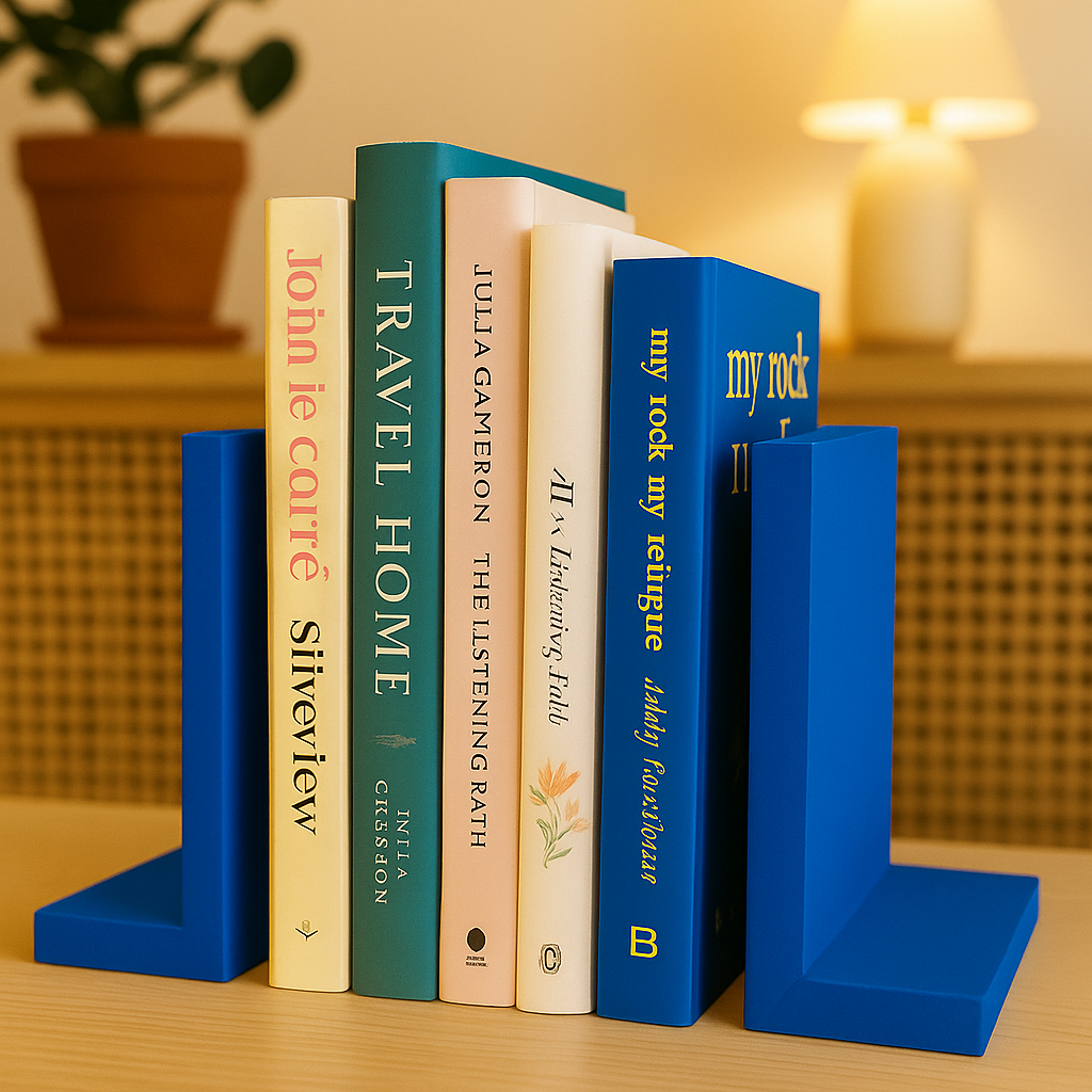 Blue-painted bookends with books – Bright blue bookends holding a row of books on a wooden surface.