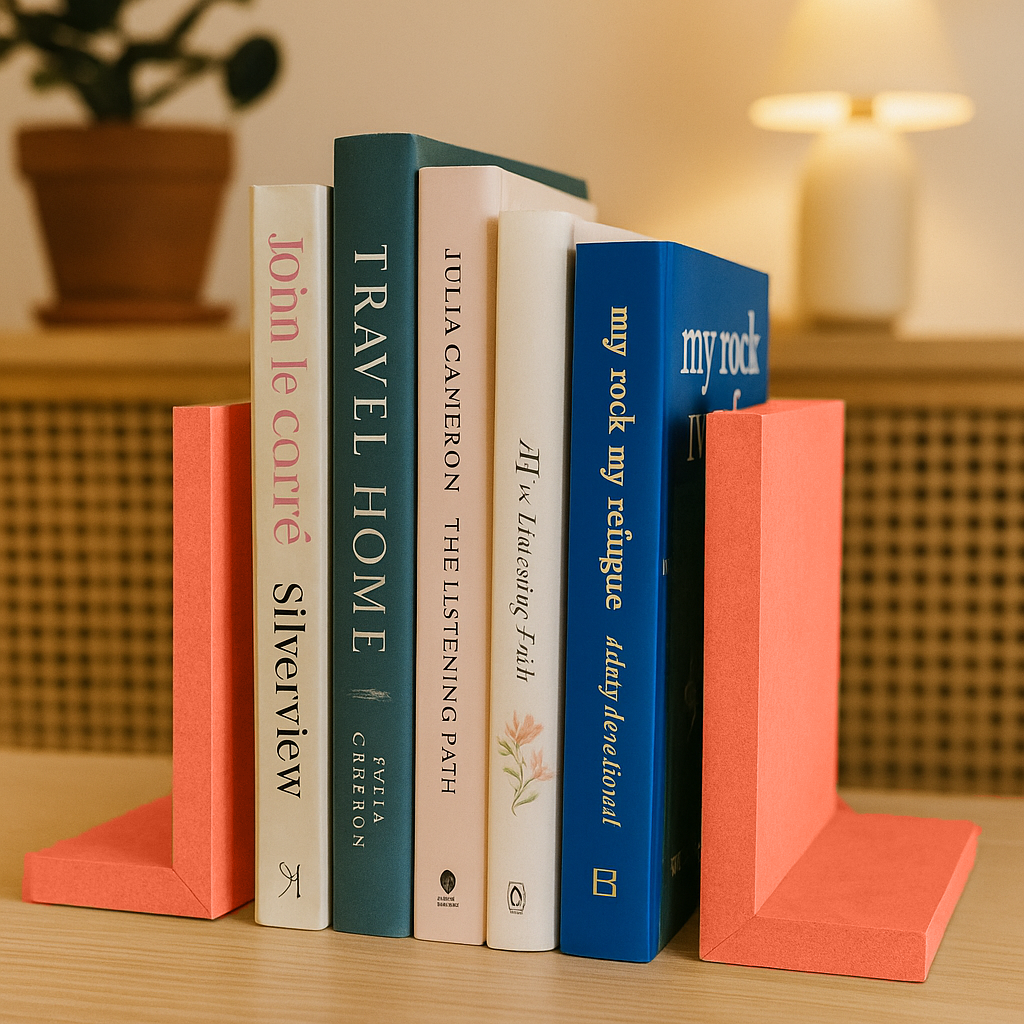 Red-painted bookends with books – Bold red MDF bookends keeping books upright on a shelf.