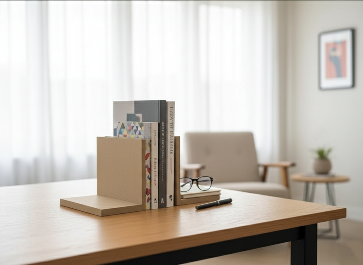 MDF bookend on work desk – Neutral MDF bookend on a work desk holding a few design books.