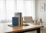 Blue bookend on work desk – Blue bookend on a wooden desk with books, glasses, and pen nearby.