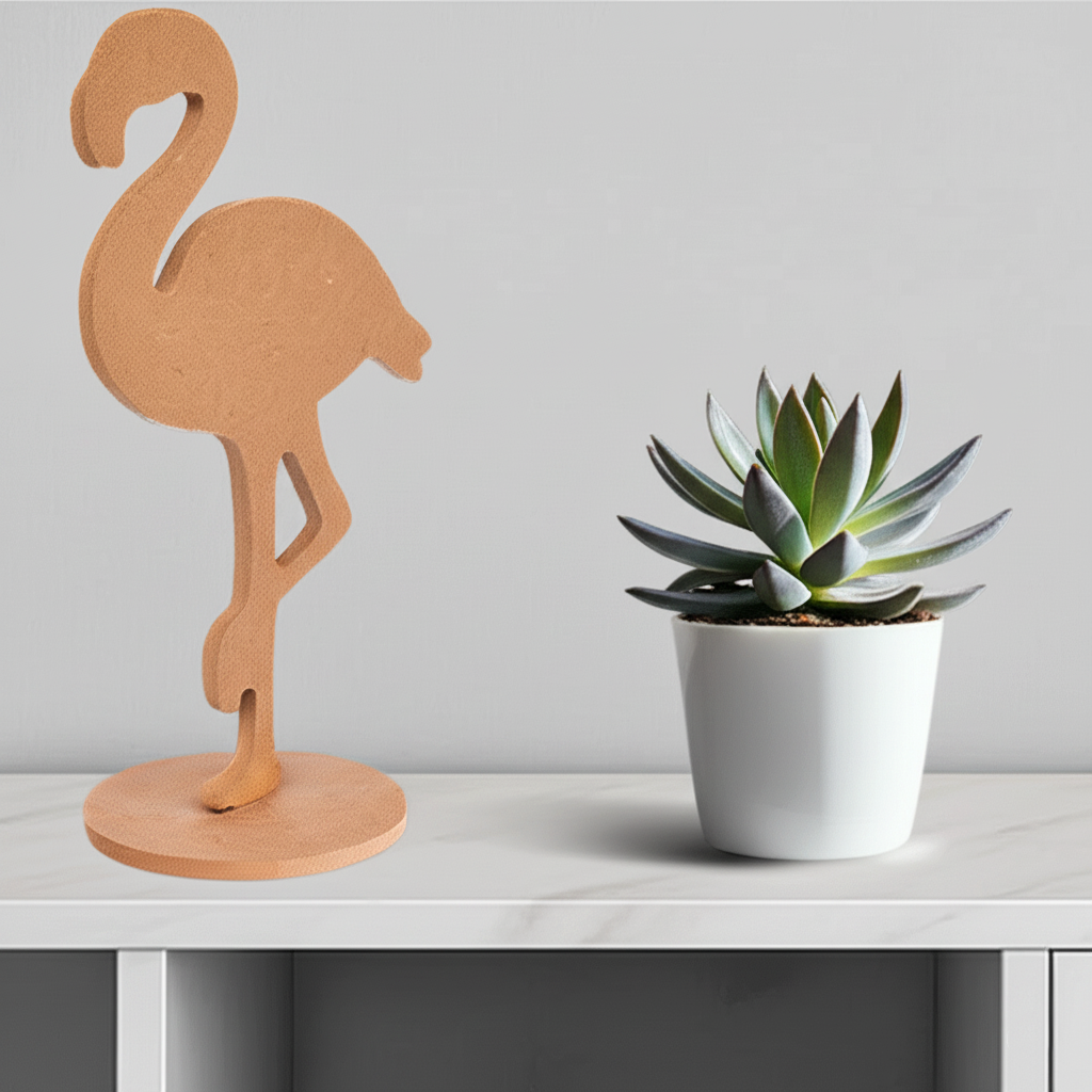 Flamingo-shaped MDF sculpture on a round base – elegant decorative bird showpiece for home décor