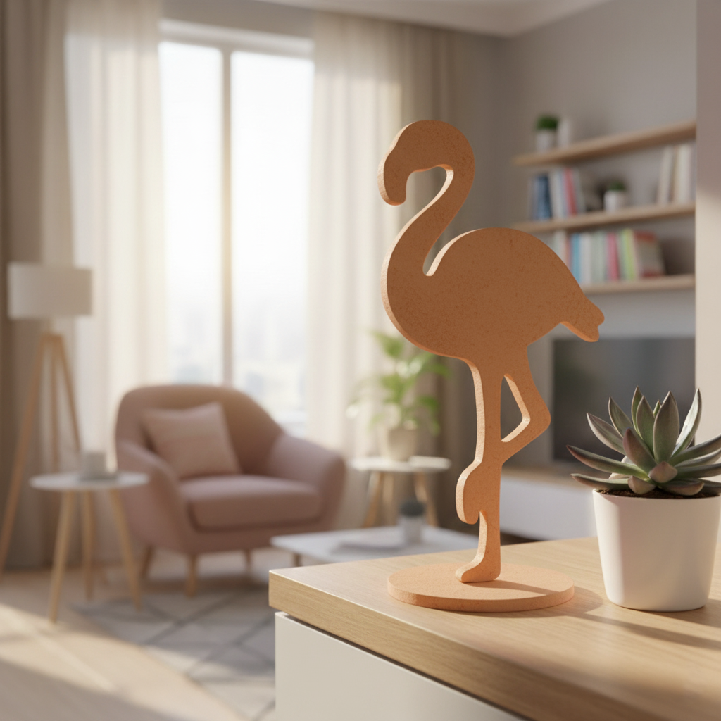 Unpainted MDF flamingo décor on wooden cabinet with cozy living room background