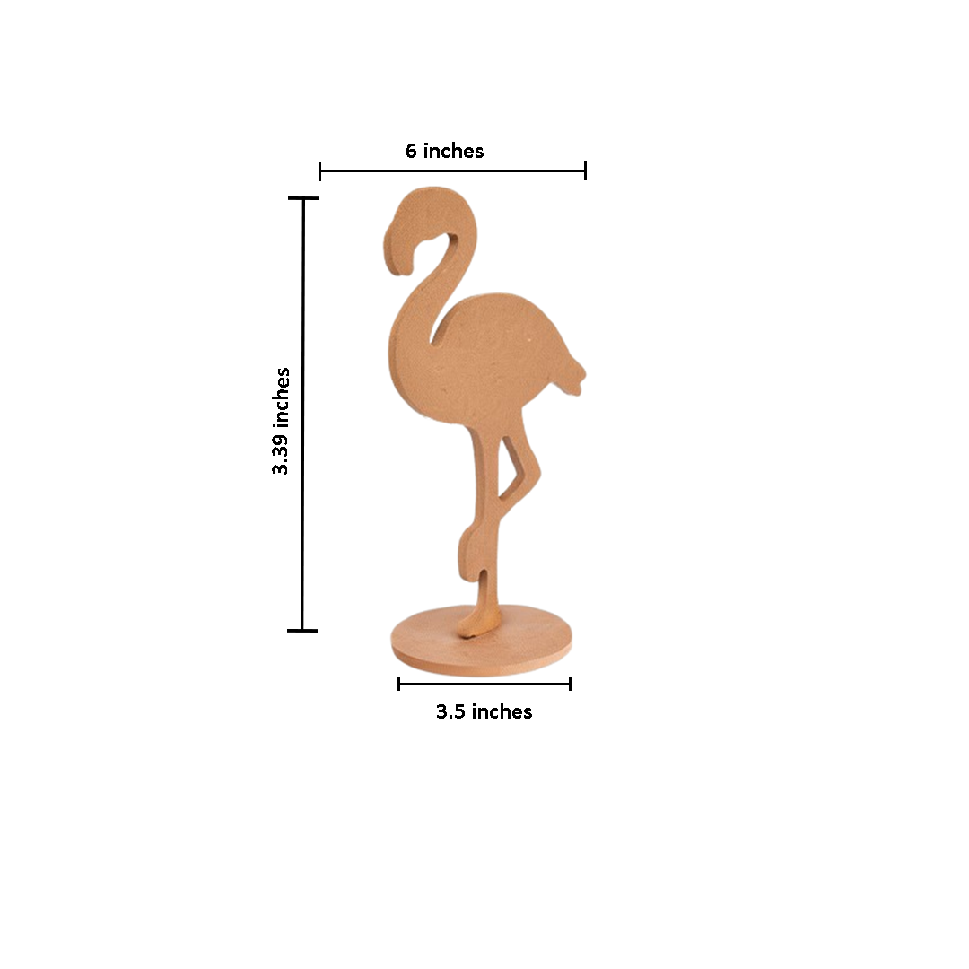 MDF flamingo figurine with measurements on a white background
