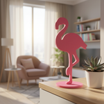 Pink-painted MDF flamingo décor on wooden cabinet with cozy living room background