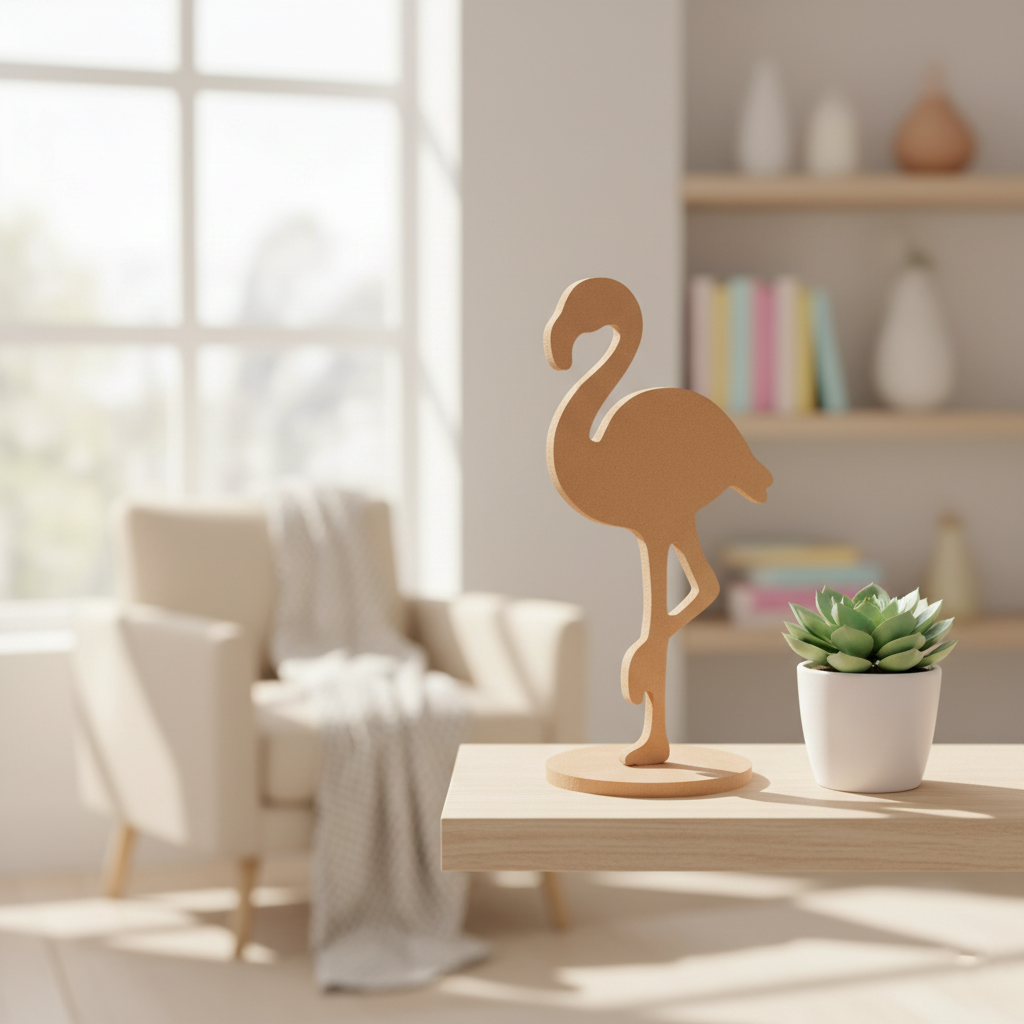 Unpainted MDF flamingo décor on light wooden shelf near window with soft sunlight