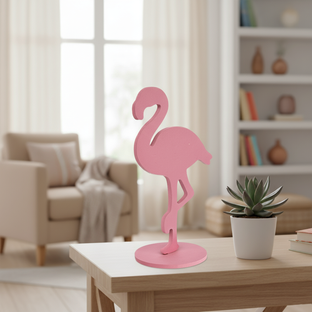 Pink-painted MDF flamingo décor on table with plant in minimal living room setting
