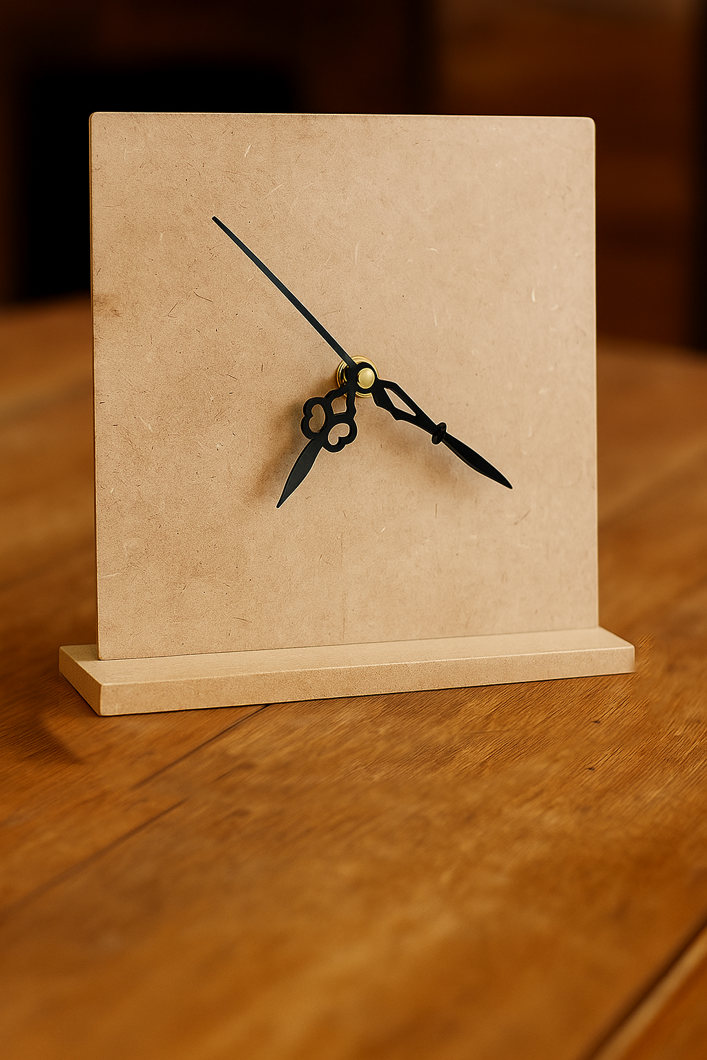 Minimalist MDF table clock with black clock hands on a square base – modern desk clock