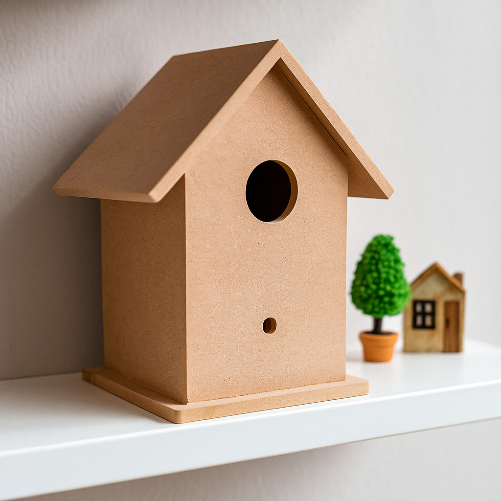 House-shaped MDF birdhouse with slanted roof and round entrance hole – natural wooden-style decorative bird home