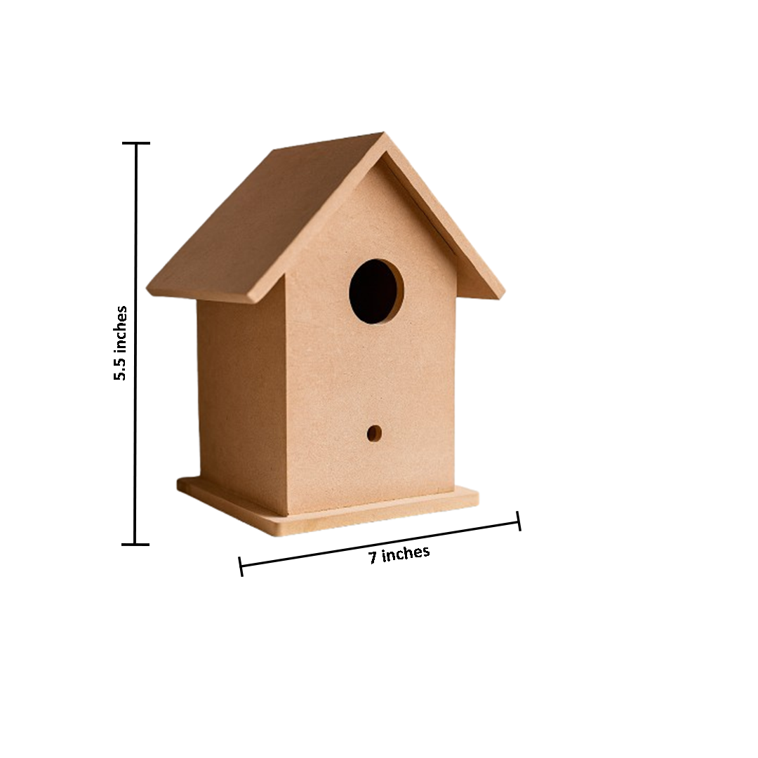 MDF birdhouse with dimensions on a white background
