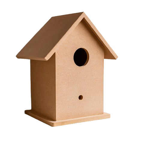 MDF birdhouse with a brown roof and beige body on a white background