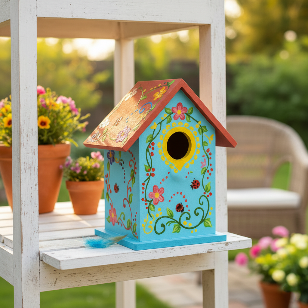 Hand-painted colorful MDF birdhouse with floral and ladybug design on white shelf