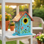 Hand-painted colorful MDF birdhouse with floral and ladybug design on white shelf