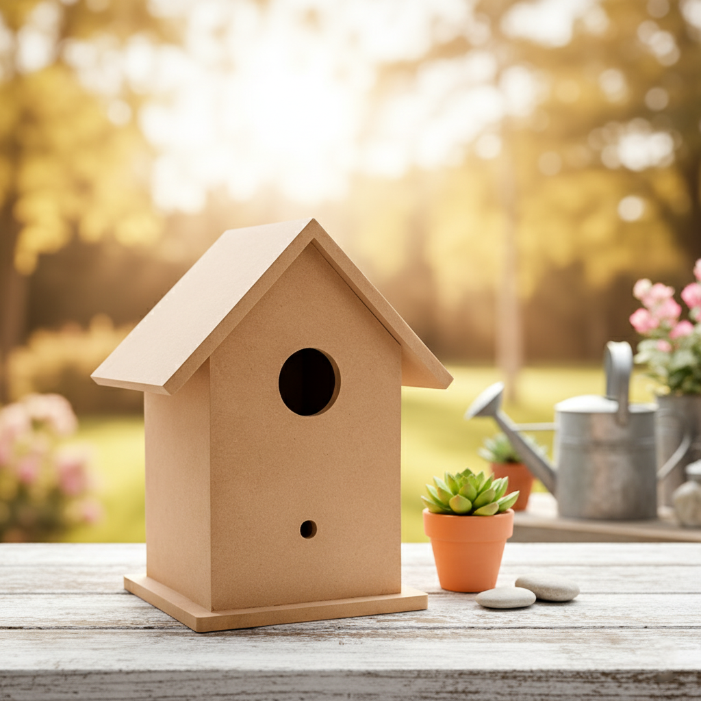 Plain MDF birdhouse with round opening placed on wooden table outdoors