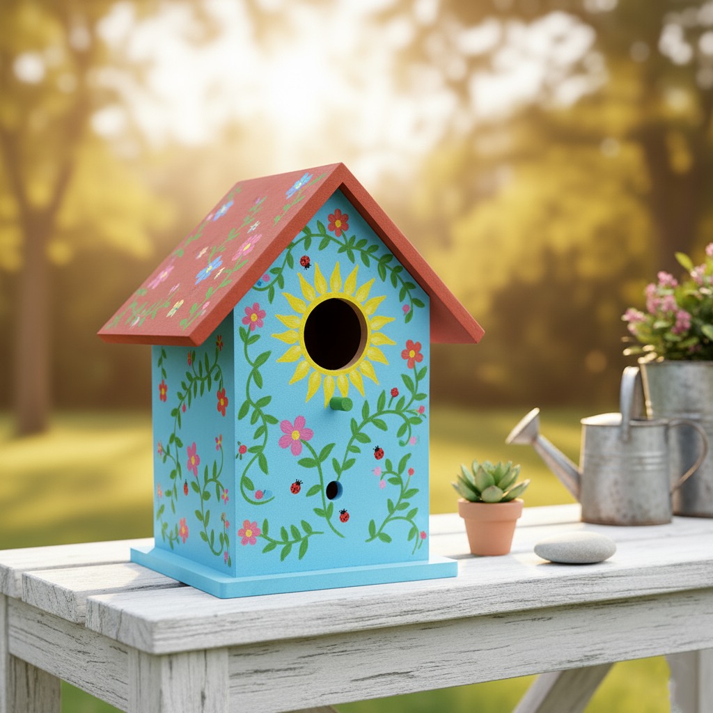 Vibrant hand-painted MDF birdhouse with sunflower and vines on white table