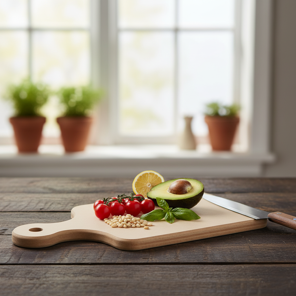 Fresh avocado half, cherry tomatoes, lemon slice, basil leaves, pine nuts, and knife on wooden cutting board
