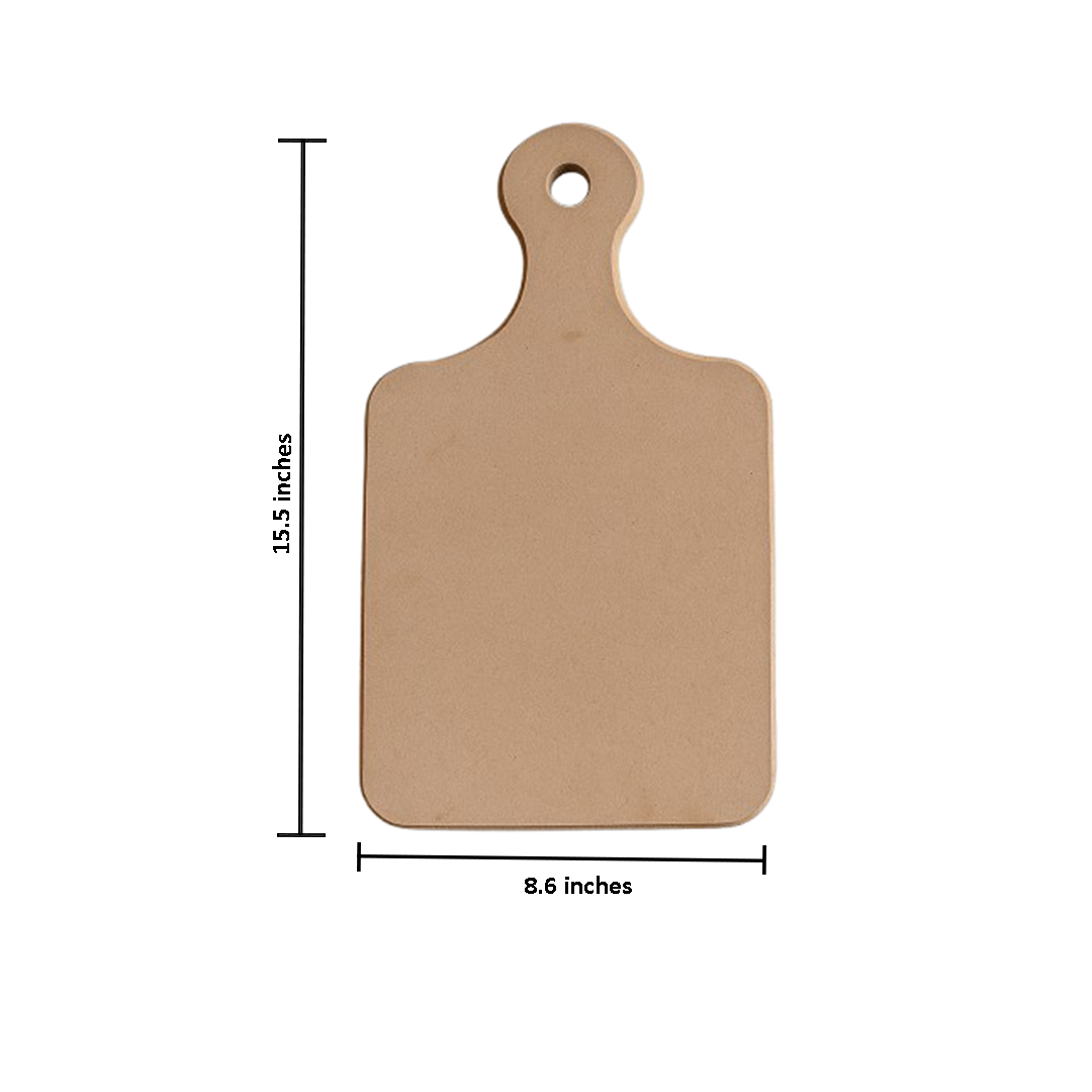 MDF chopping board on white background with dimensions.