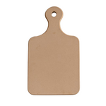 Brown cutting board with a handle on a white background