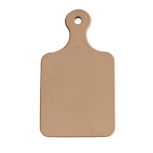 Brown cutting board with a handle on a white background