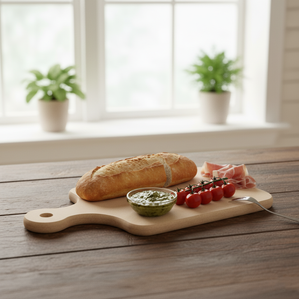 Baguette, cherry tomatoes on vine, prosciutto, and pesto dip on wooden cutting board.