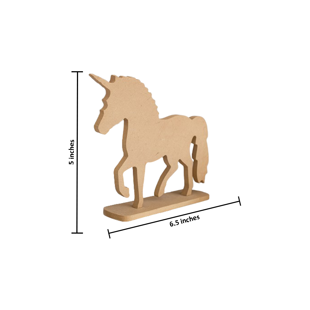 MDF unicorn figurine with measurements on a white background