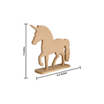 MDF unicorn figurine with measurements on a white background