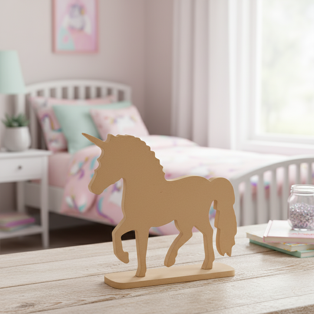 Unpainted MDF birdhouse on wooden table