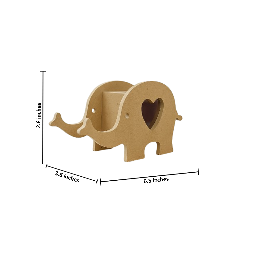 MDF elephant-shaped box with dimensions on a white background