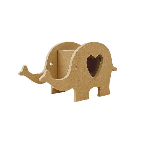 MDF elephant-shaped shelf with a heart cutout on a white background