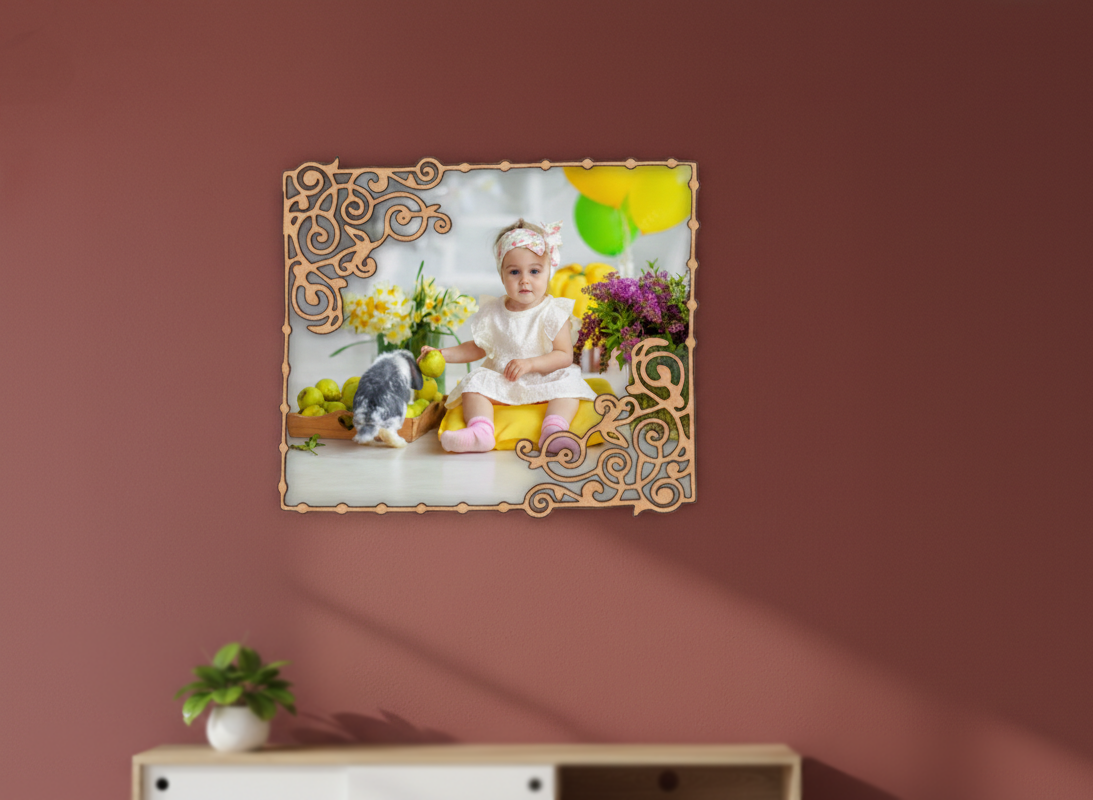 Decorative photo frame with a child and dog on a wall