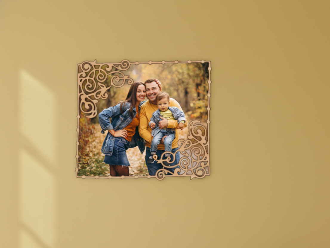 Decorative  photo frame with a family picture on a beige wall.