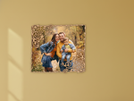 Decorative  photo frame with a family picture on a beige wall.