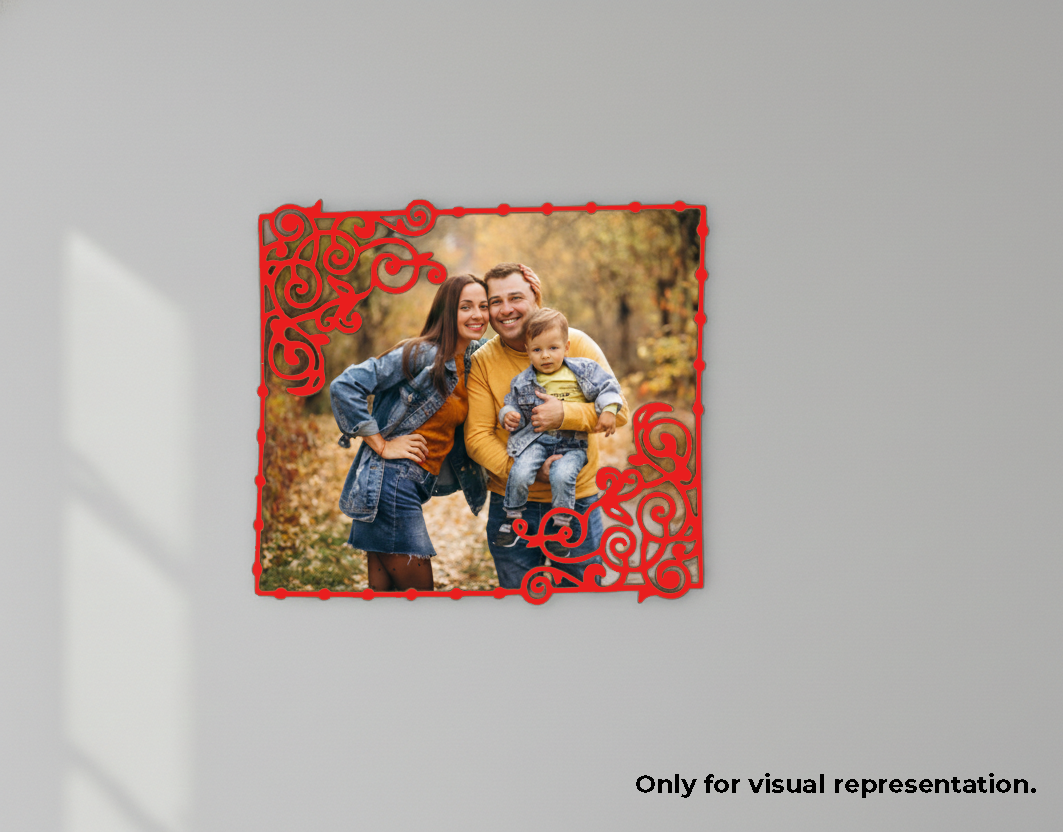 Family photo with a red decorative border on a gray background
