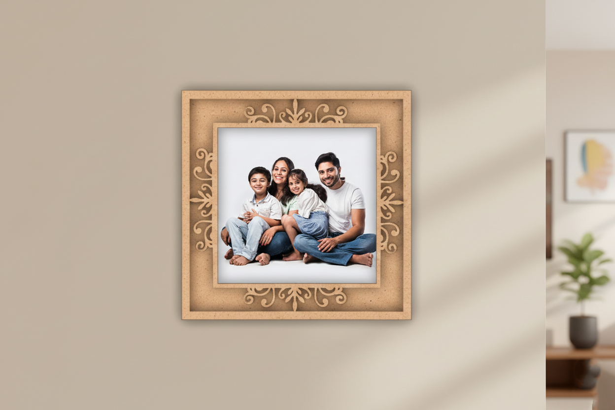 Decorative photo frame with a family portrait on a beige wall.