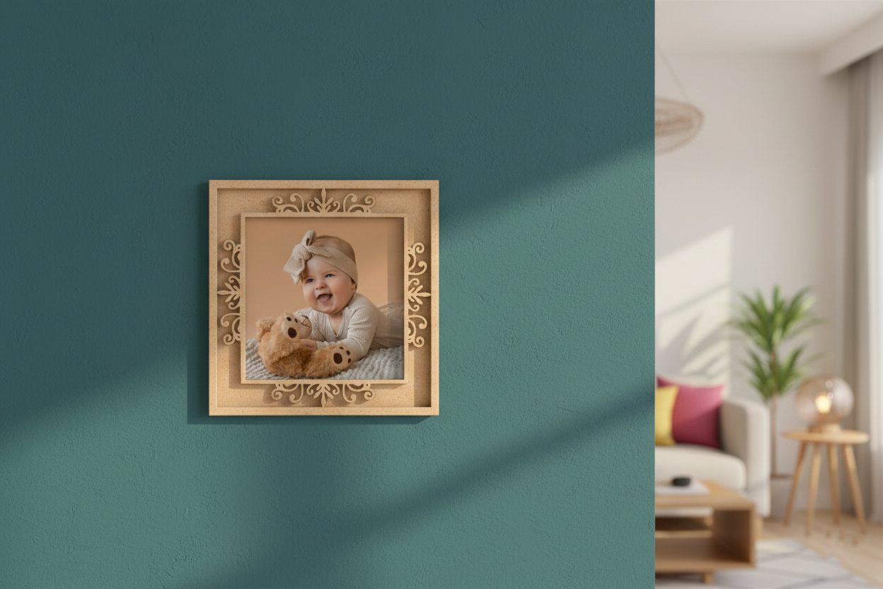 Wooden photo frame with a baby holding a teddy bear on a teal wall