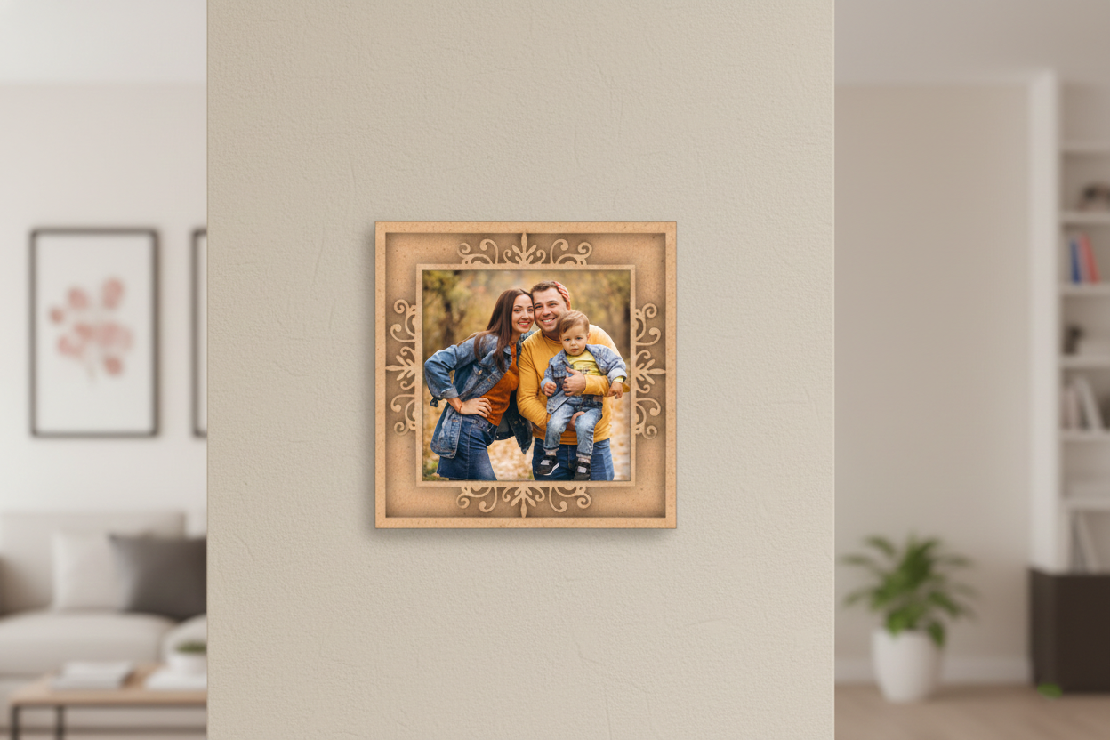 Decorative photo frame with a family picture on a wall in a living room.