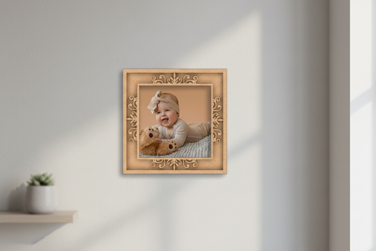 Decorative photo frame with a baby and teddy bear inside, on a light gray wall.