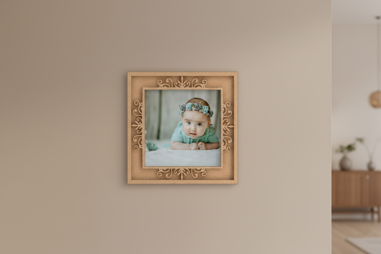 Decorative mdf picture frame with a baby photo on a beige wall.