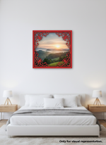 Framed artwork of a sunset over a landscape on a white wall above a bed.