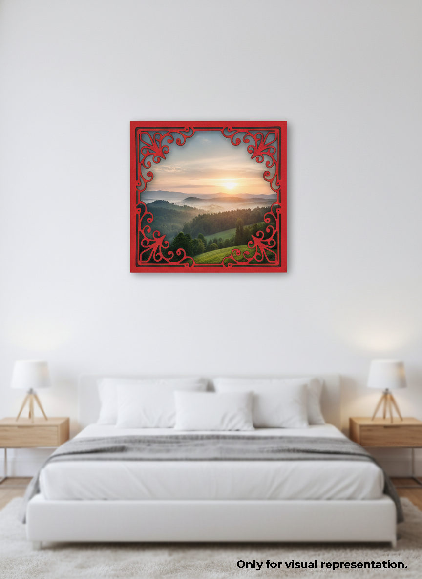 Framed artwork of a sunset over a landscape on a white wall above a bed.