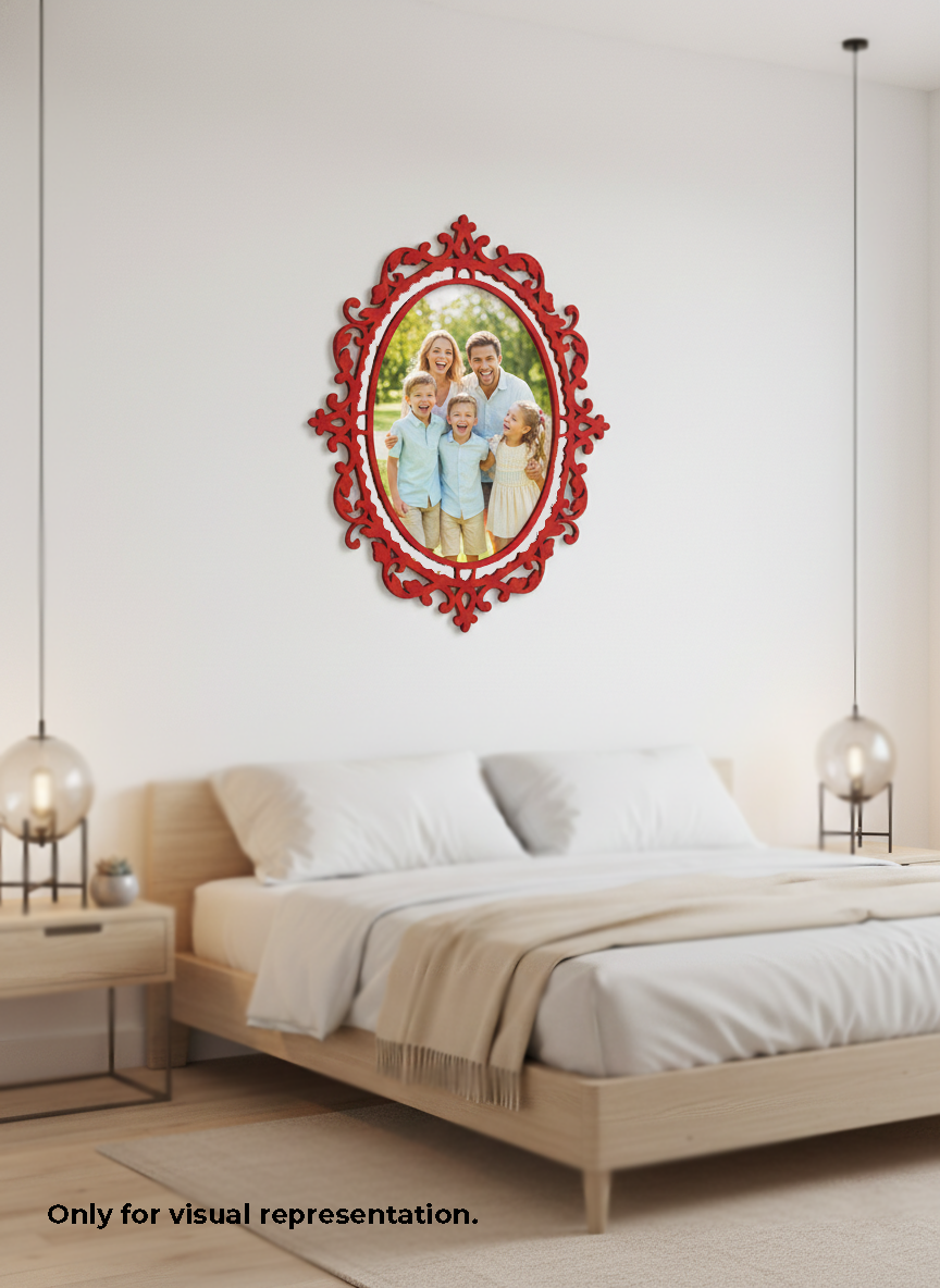 Red decorative photo frame with a family photo on a white wall above a bed.