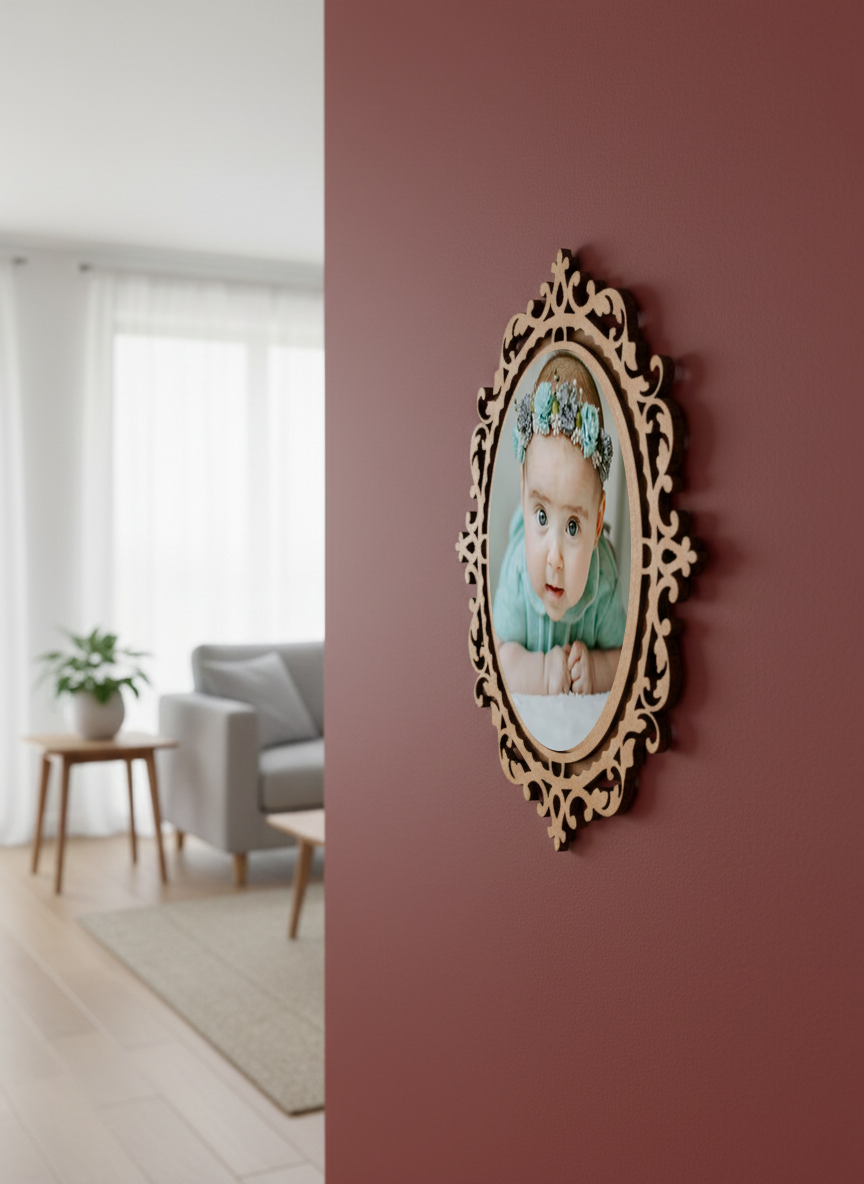 Decorative photo frame with a portrait on a red wall, living room visible in the background