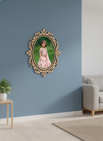 Decorative gold frame with a photo of a child on a blue wall in a living room.
