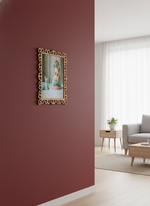 Decorative  photo frame on a red wall, living room in the background