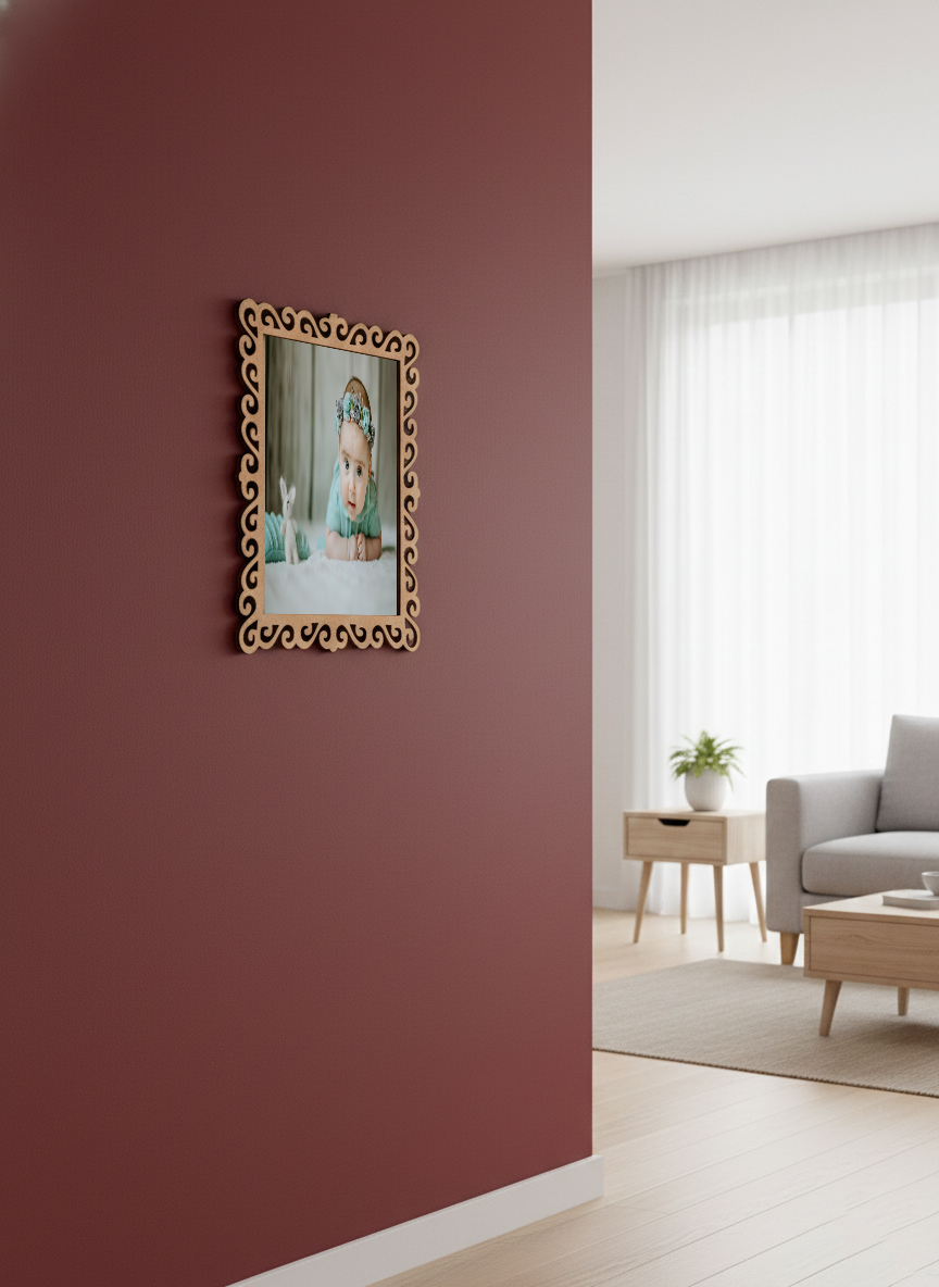 Decorative  photo frame on a red wall, living room in the background