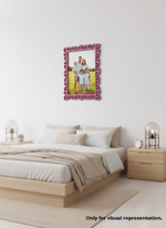 Decorative photo frame with a family picture on a white wall above a bed.