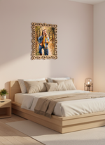 Bedroom with a wooden bed and decorative photo frame.