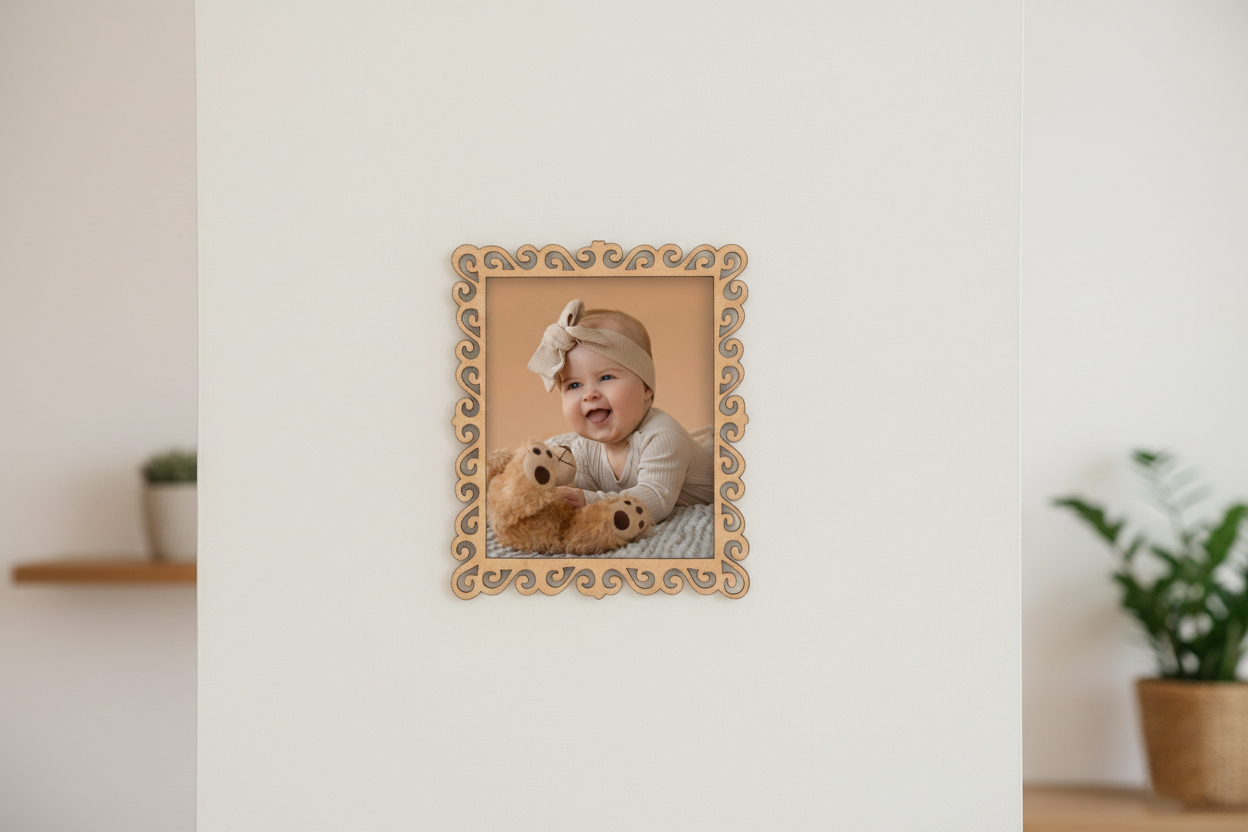 Decorative photo frame with a baby holding a teddy bear on a light background