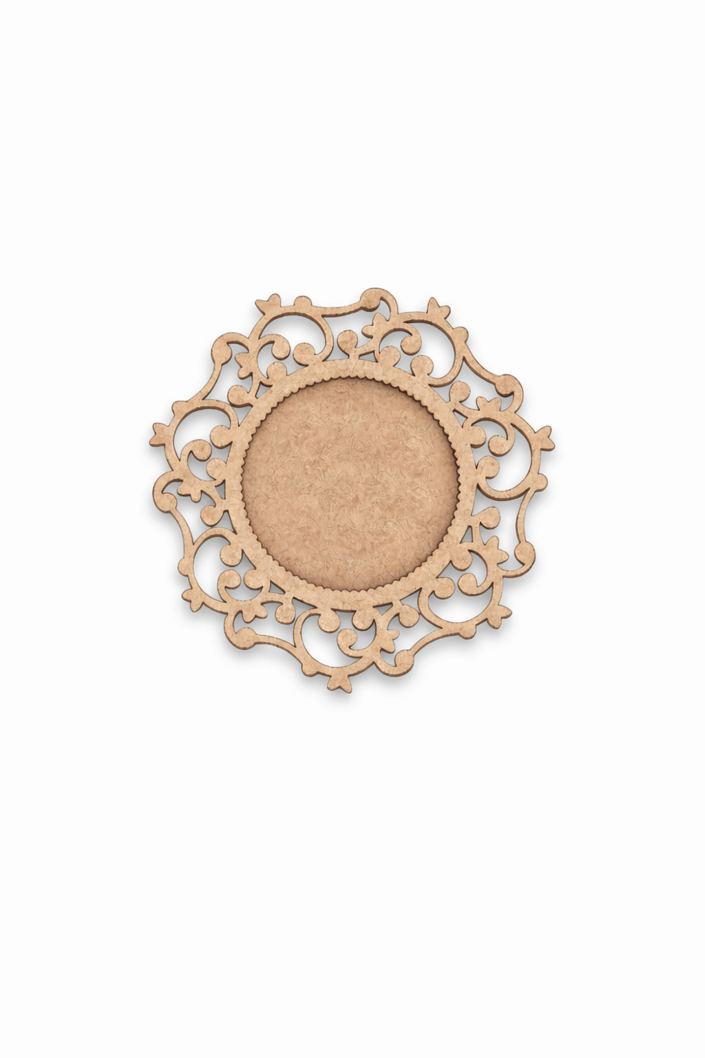 Decorative round photo frame with intricate lace pattern on a white background
