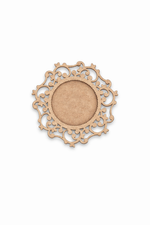 Decorative round photo frame with intricate lace pattern on a white background